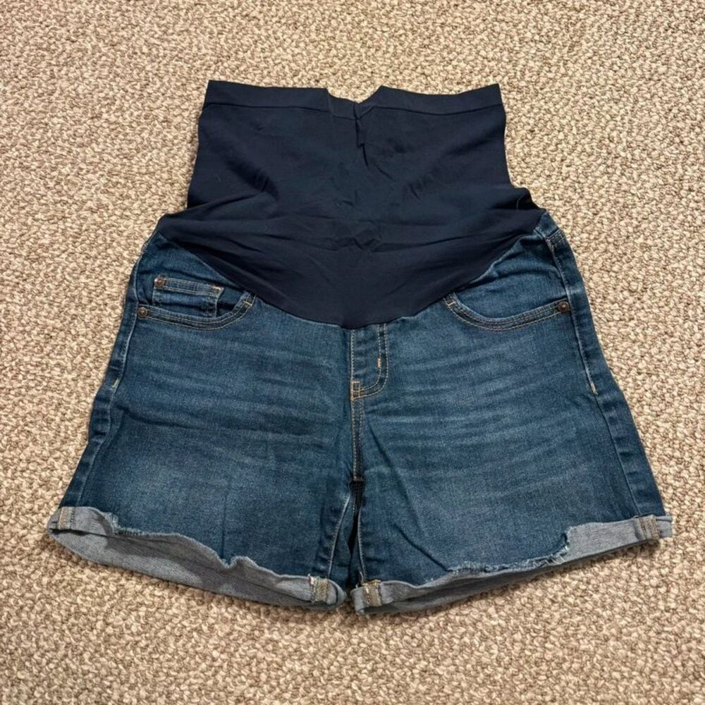 Indigo Blue Maternity Jean Shorts Dark Wash Cuffed Over Belly Panel Small